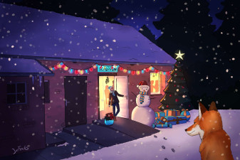 Eine Zeichnung des Schuppens in einer Winterlandschaft mit einem Fuchs im Vordergrund und einer Person die aus der hell erleuchteten Tür tritt.